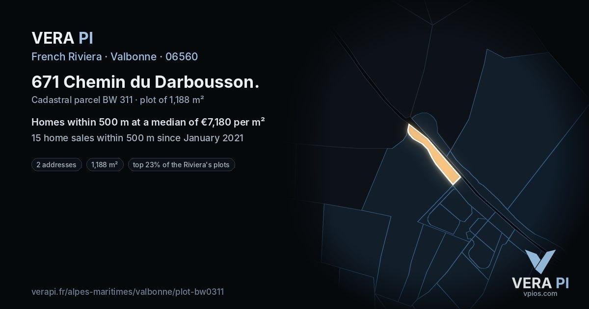 671 Chemin du Darbousson, Valbonne at night – the plot lit, the parcels around coloured by the prices near them