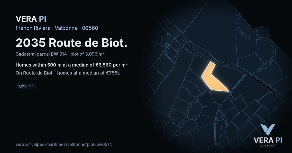 2035 Route de Biot, Valbonne at night – the plot lit, the parcels around coloured by the prices near them