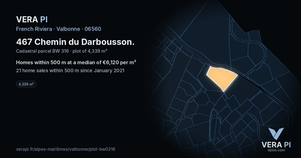 467 Chemin du Darbousson, Valbonne at night – the plot lit, the parcels around coloured by the prices near them