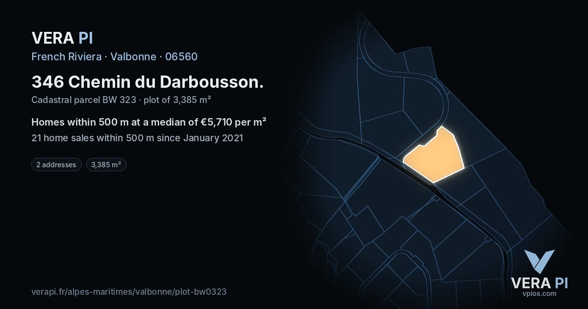 346 Chemin du Darbousson, Valbonne at night – the plot lit, the parcels around coloured by the prices near them
