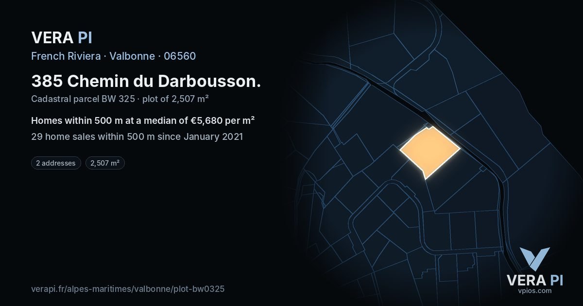 385 Chemin du Darbousson, Valbonne at night – the plot lit, the parcels around coloured by the prices near them