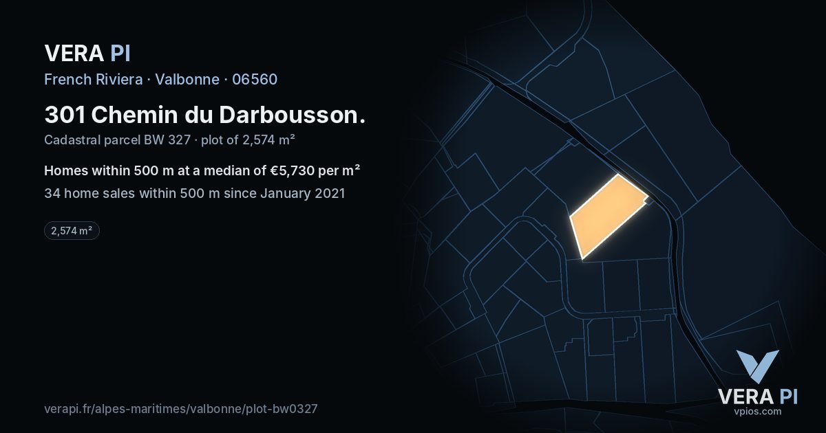 301 Chemin du Darbousson, Valbonne at night – the plot lit, the parcels around coloured by the prices near them