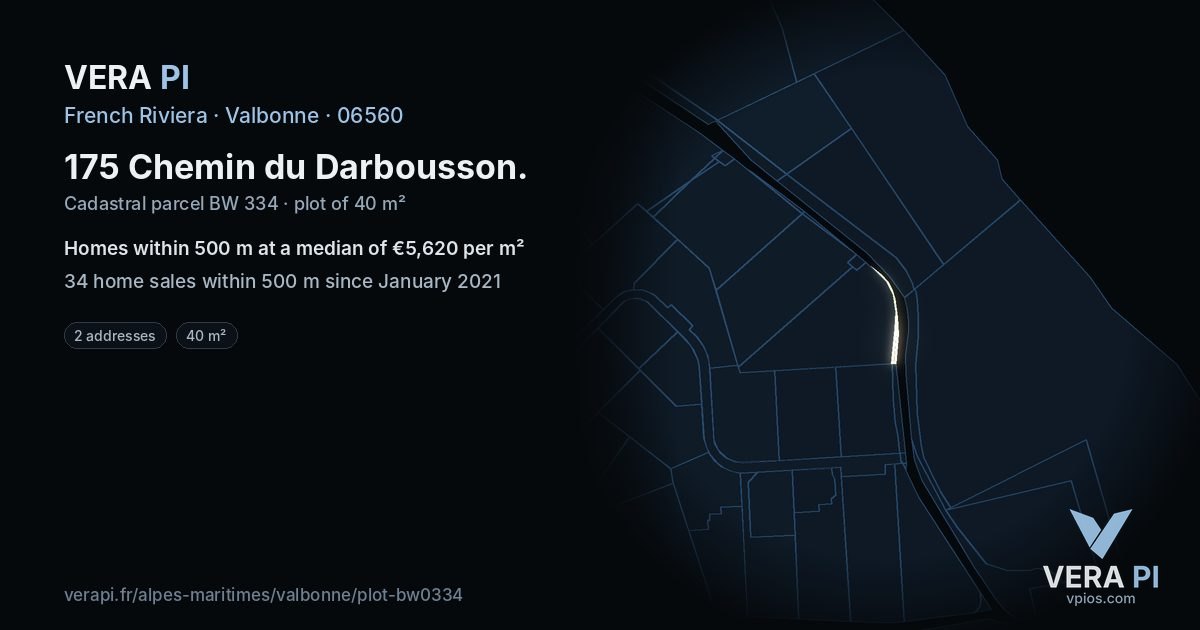 175 Chemin du Darbousson, Valbonne at night – the plot lit, the parcels around coloured by the prices near them