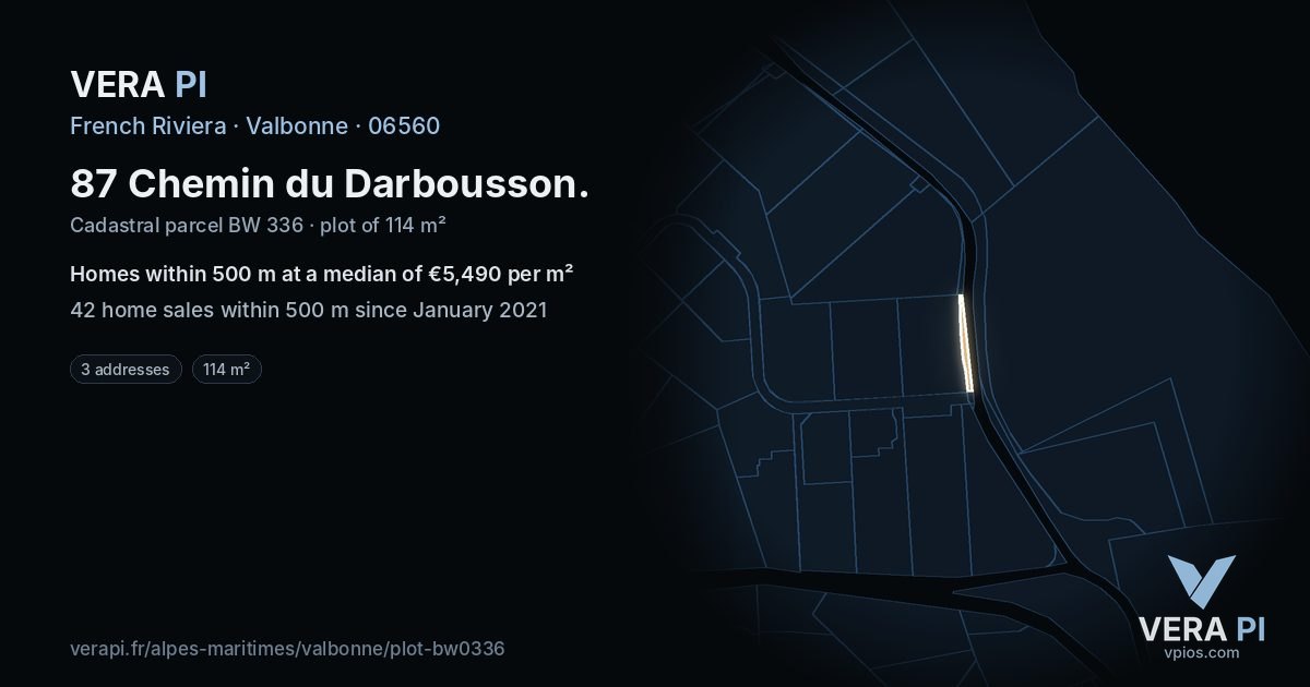 87 Chemin du Darbousson, Valbonne at night – the plot lit, the parcels around coloured by the prices near them
