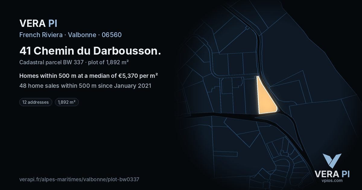41 Chemin du Darbousson, Valbonne at night – the plot lit, the parcels around coloured by the prices near them