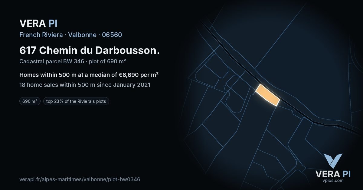 617 Chemin du Darbousson, Valbonne at night – the plot lit, the parcels around coloured by the prices near them