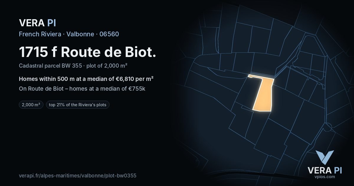 1715 f Route de Biot, Valbonne at night – the plot lit, the parcels around coloured by the prices near them