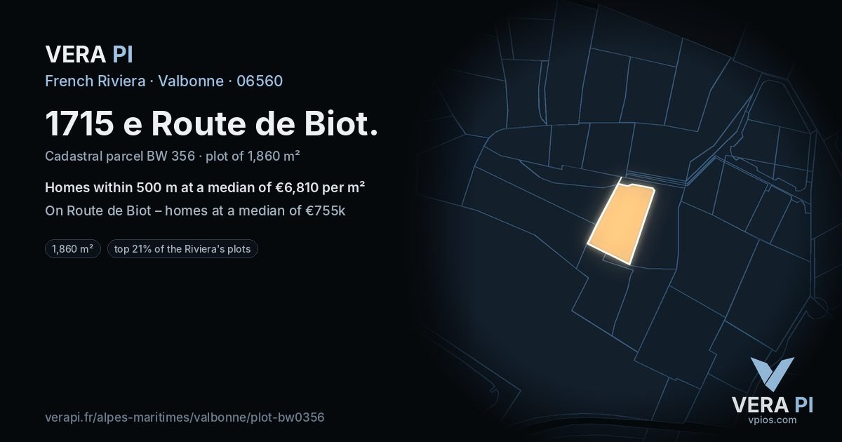 1715 e Route de Biot, Valbonne at night – the plot lit, the parcels around coloured by the prices near them