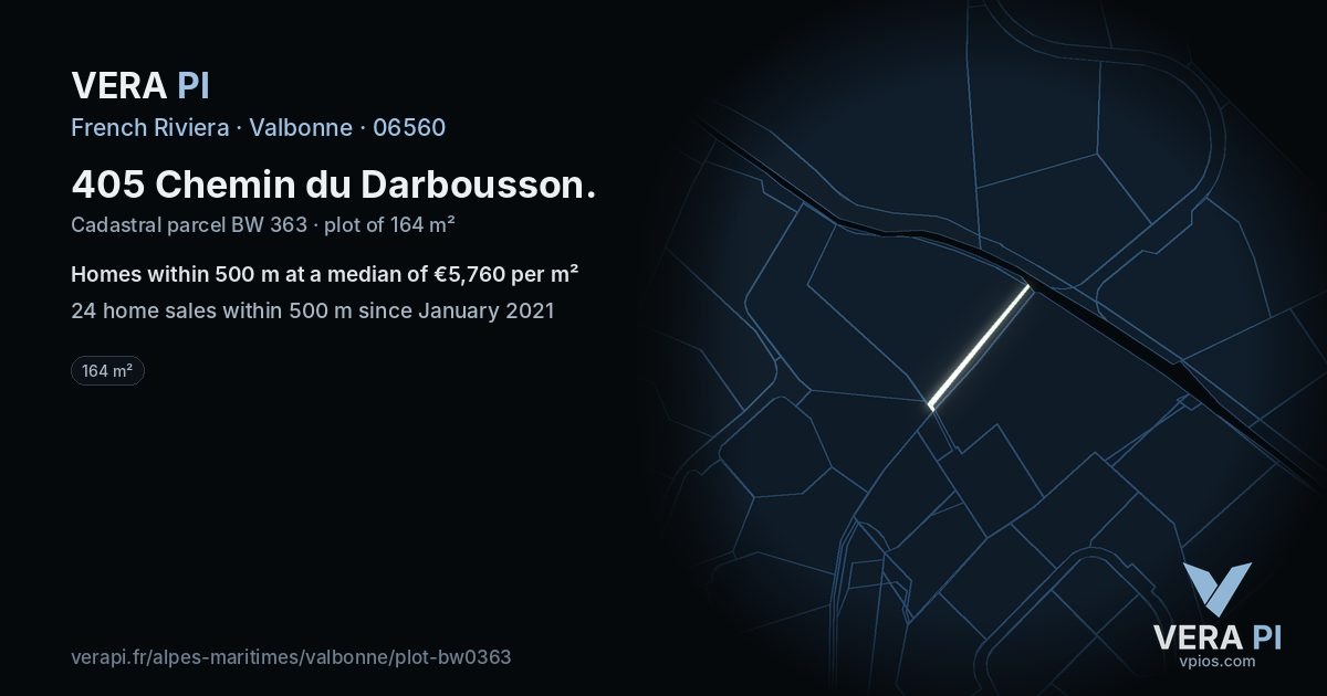 405 Chemin du Darbousson, Valbonne at night – the plot lit, the parcels around coloured by the prices near them
