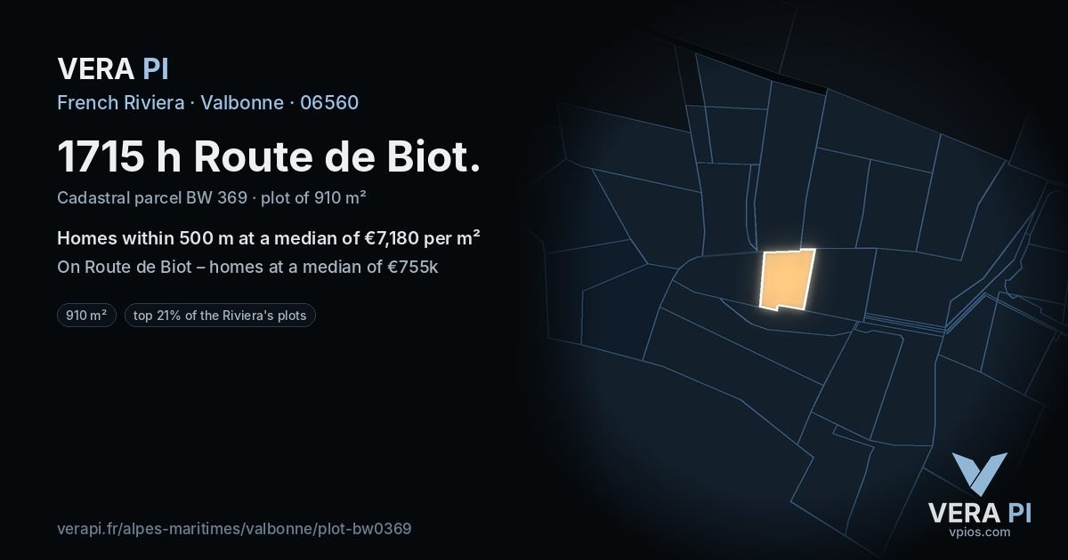 1715 h Route de Biot, Valbonne at night – the plot lit, the parcels around coloured by the prices near them