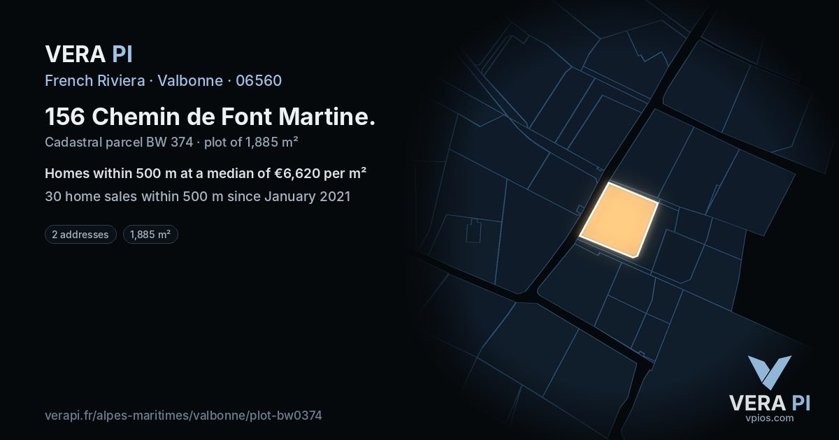 156 Chemin de Font Martine, Valbonne at night – the plot lit, the parcels around coloured by the prices near them