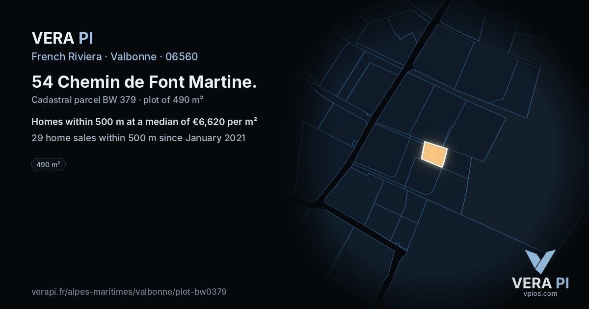 54 Chemin de Font Martine, Valbonne at night – the plot lit, the parcels around coloured by the prices near them