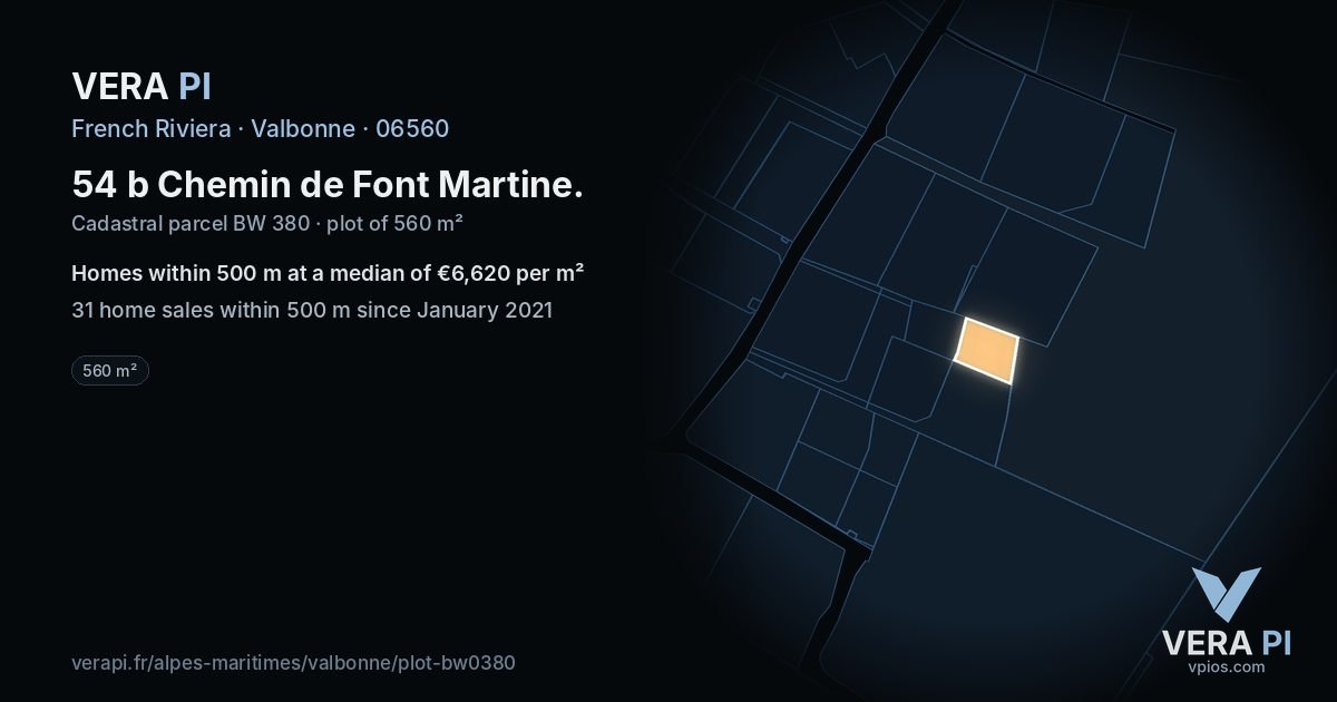 54 b Chemin de Font Martine, Valbonne at night – the plot lit, the parcels around coloured by the prices near them