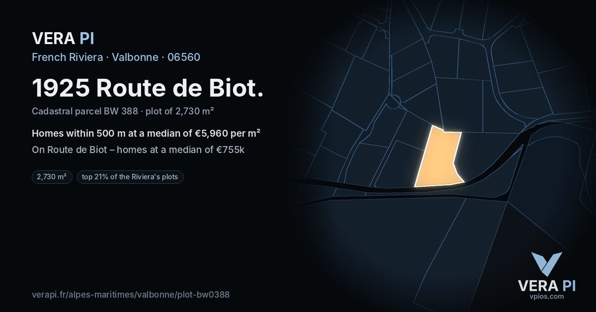 1925 Route de Biot, Valbonne at night – the plot lit, the parcels around coloured by the prices near them