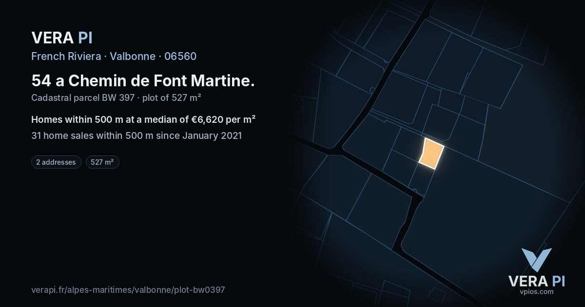 54 a Chemin de Font Martine, Valbonne at night – the plot lit, the parcels around coloured by the prices near them
