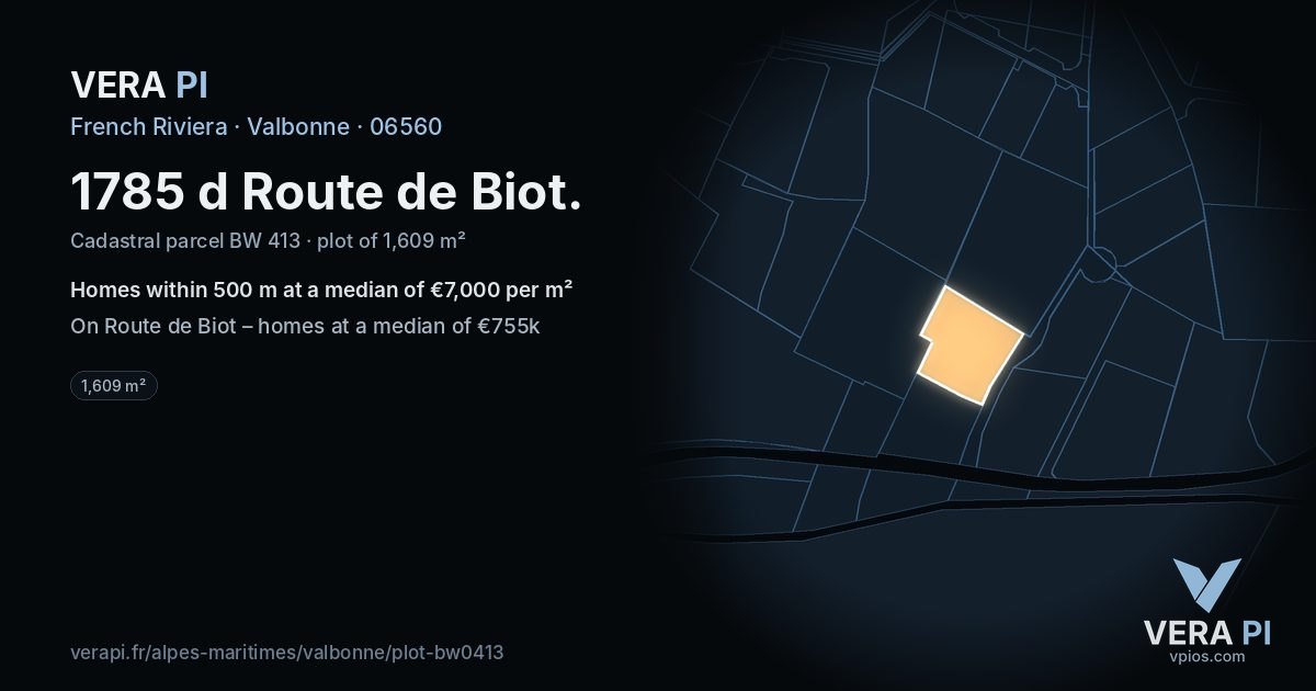 1785 d Route de Biot, Valbonne at night – the plot lit, the parcels around coloured by the prices near them