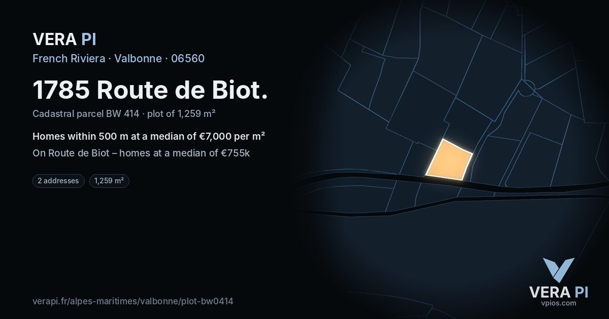 1785 Route de Biot, Valbonne at night – the plot lit, the parcels around coloured by the prices near them