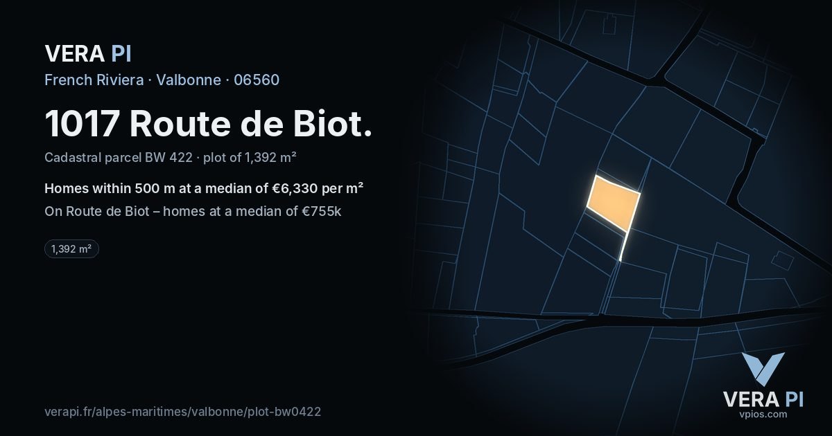 1017 Route de Biot, Valbonne at night – the plot lit, the parcels around coloured by the prices near them