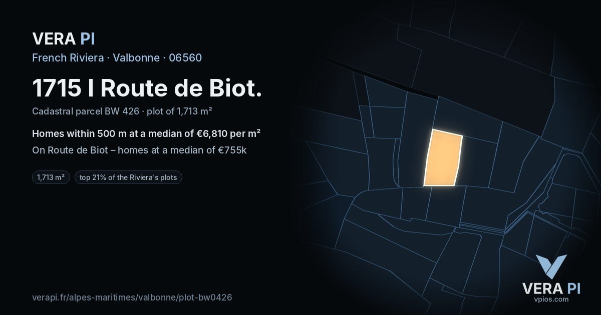 1715 l Route de Biot, Valbonne at night – the plot lit, the parcels around coloured by the prices near them