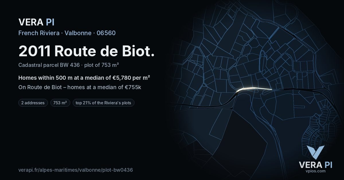 2011 Route de Biot, Valbonne at night – the plot lit, the parcels around coloured by the prices near them