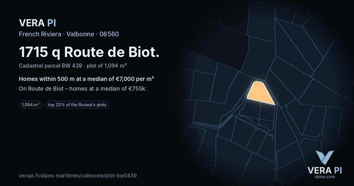 1715 q Route de Biot, Valbonne at night – the plot lit, the parcels around coloured by the prices near them