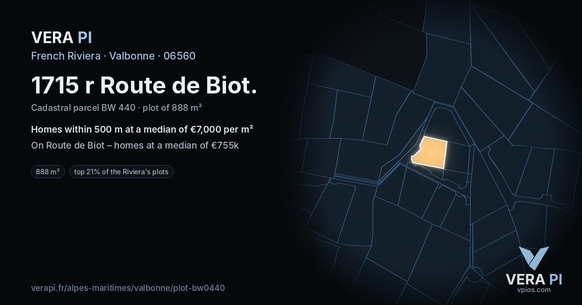 1715 r Route de Biot, Valbonne at night – the plot lit, the parcels around coloured by the prices near them
