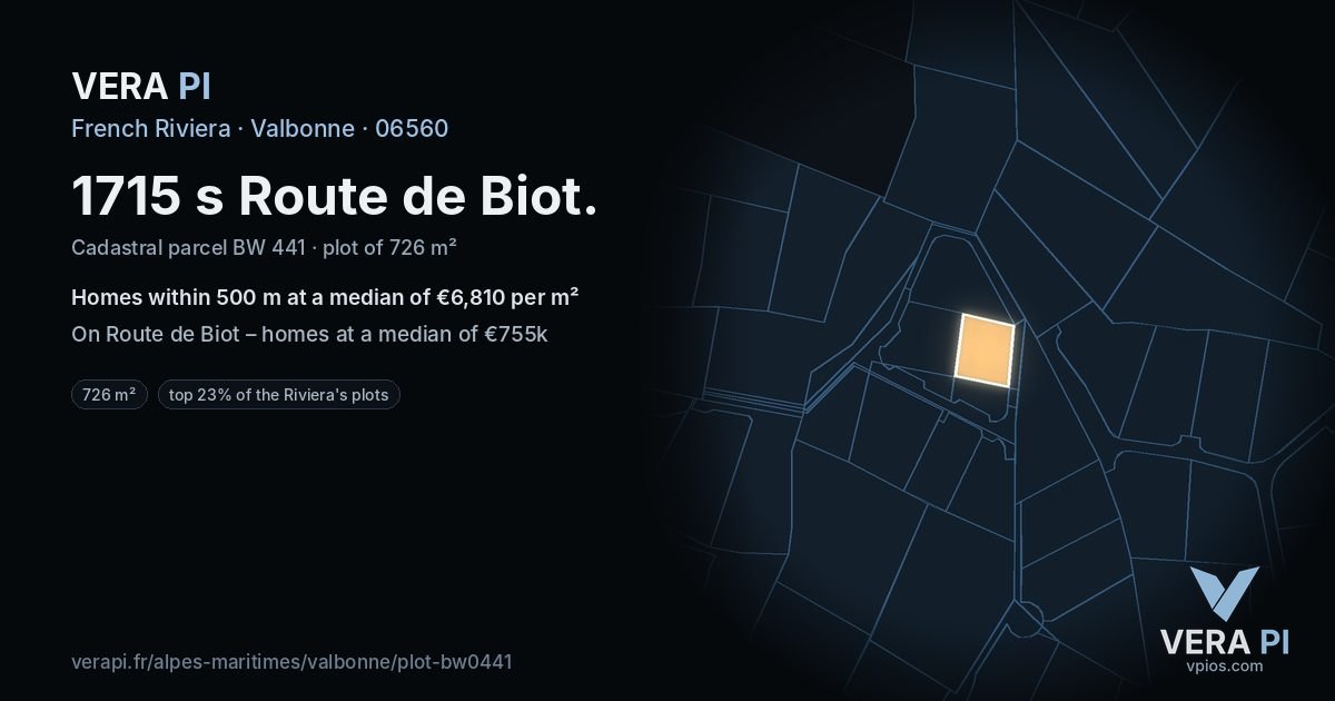 1715 s Route de Biot, Valbonne at night – the plot lit, the parcels around coloured by the prices near them