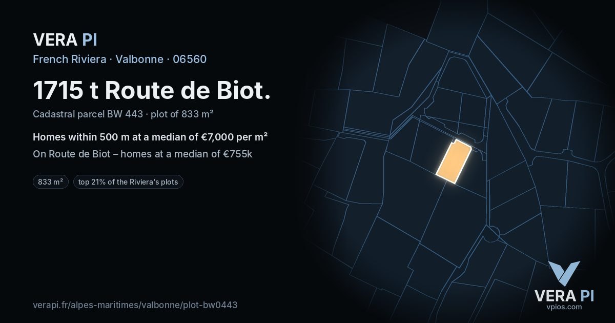 1715 t Route de Biot, Valbonne at night – the plot lit, the parcels around coloured by the prices near them