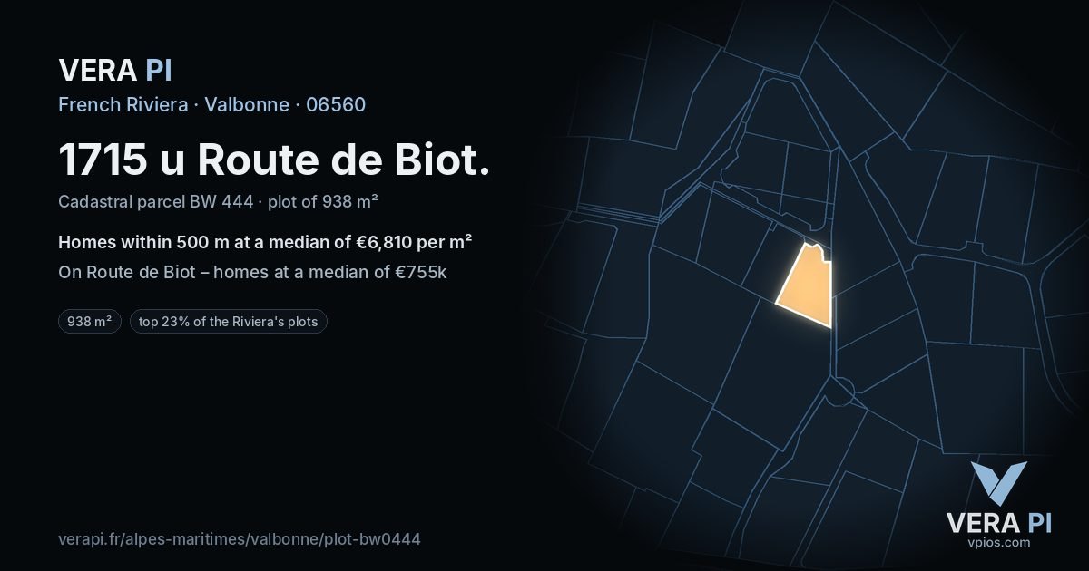 1715 u Route de Biot, Valbonne at night – the plot lit, the parcels around coloured by the prices near them