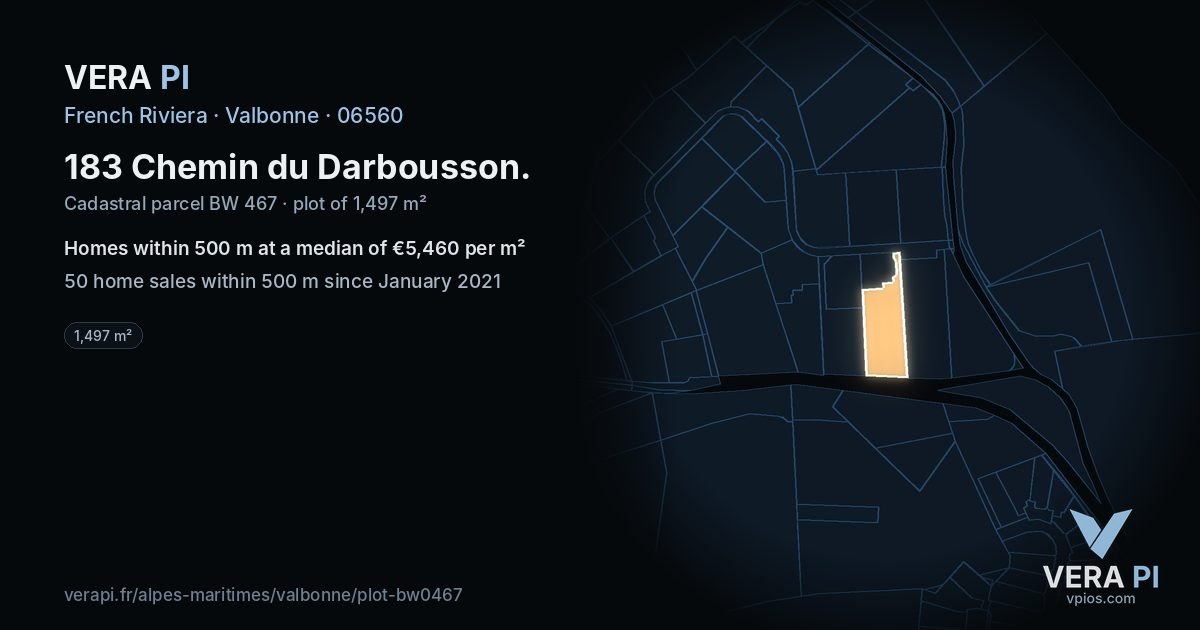 183 Chemin du Darbousson, Valbonne at night – the plot lit, the parcels around coloured by the prices near them