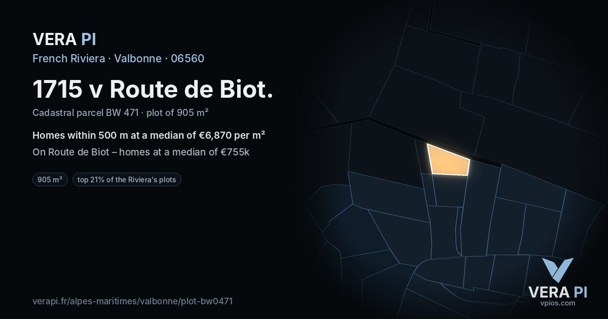 1715 v Route de Biot, Valbonne at night – the plot lit, the parcels around coloured by the prices near them