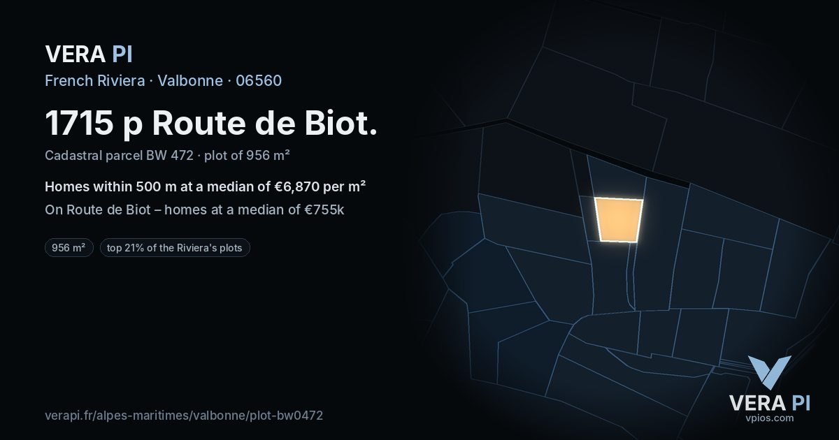 1715 p Route de Biot, Valbonne at night – the plot lit, the parcels around coloured by the prices near them