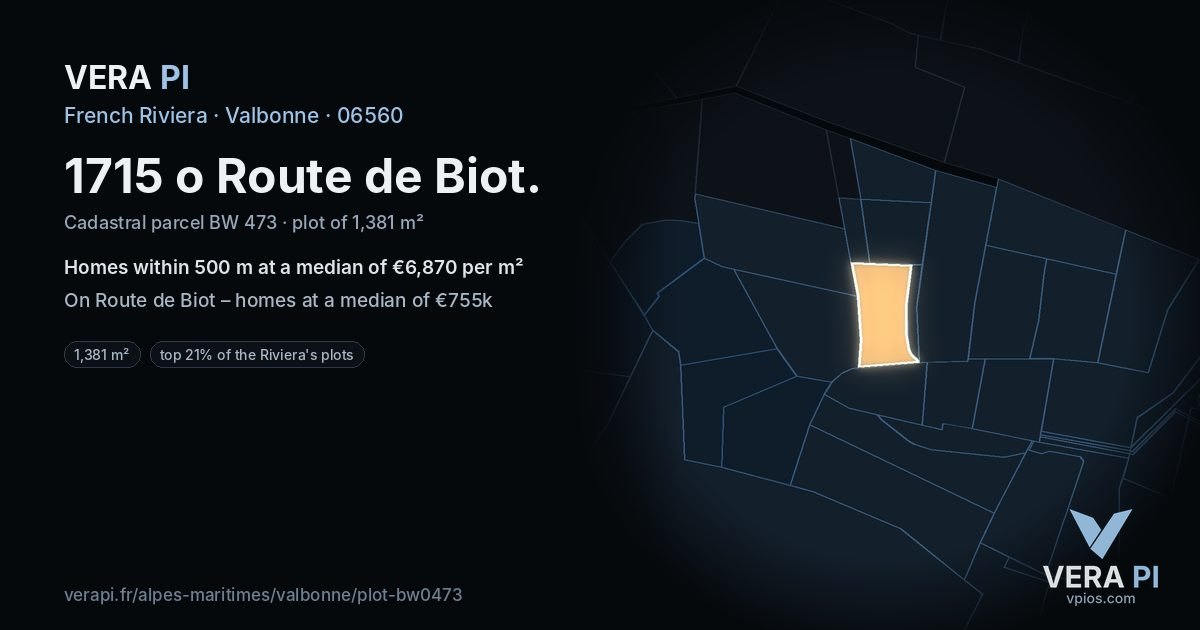 1715 o Route de Biot, Valbonne at night – the plot lit, the parcels around coloured by the prices near them