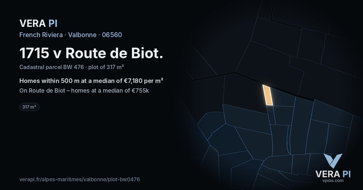 1715 v Route de Biot, Valbonne at night – the plot lit, the parcels around coloured by the prices near them