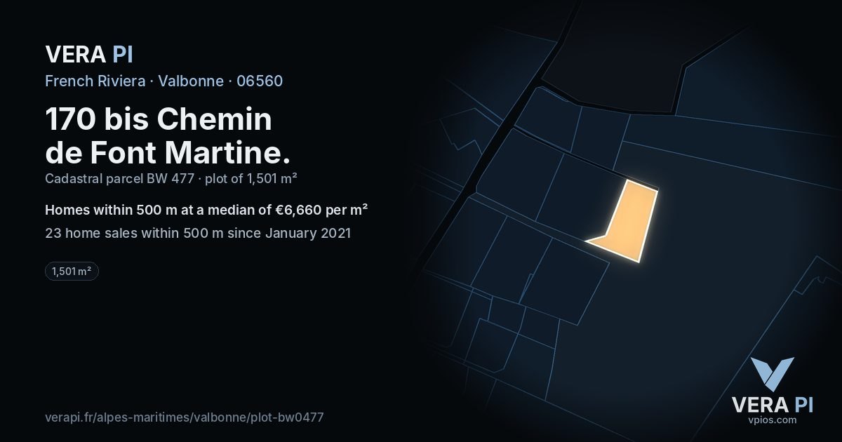 170 bis Chemin de Font Martine, Valbonne at night – the plot lit, the parcels around coloured by the prices near them