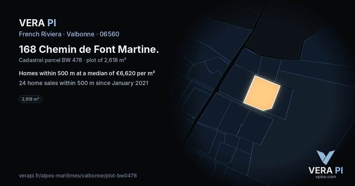 168 Chemin de Font Martine, Valbonne at night – the plot lit, the parcels around coloured by the prices near them