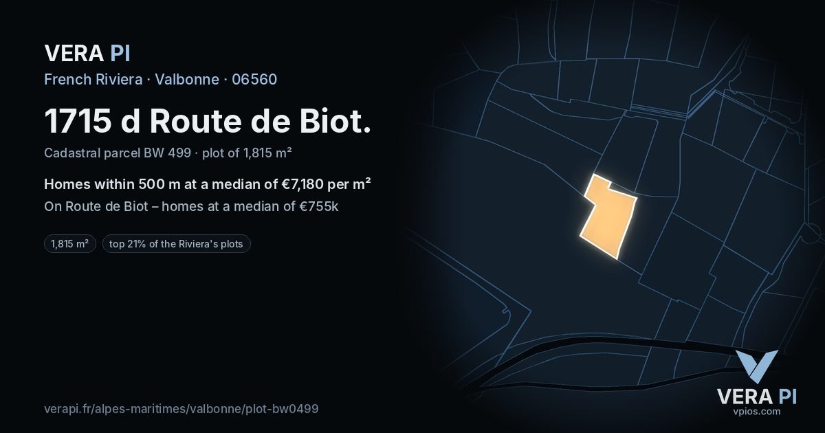 1715 d Route de Biot, Valbonne at night – the plot lit, the parcels around coloured by the prices near them