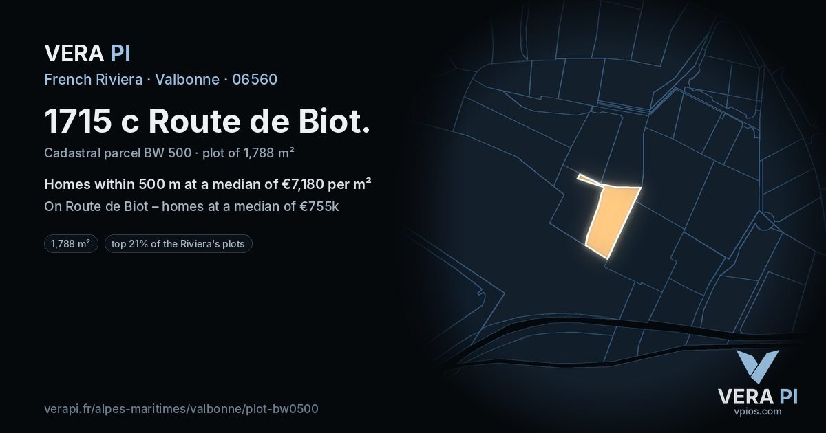 1715 c Route de Biot, Valbonne at night – the plot lit, the parcels around coloured by the prices near them