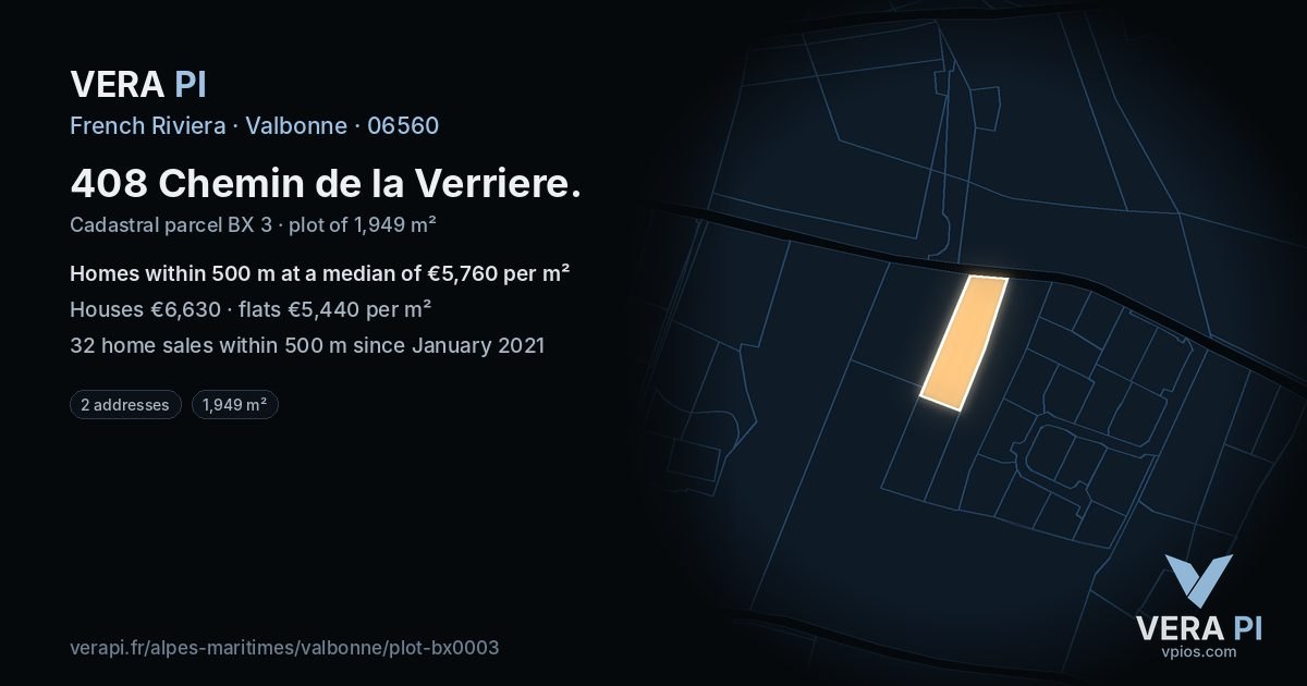 408 Chemin de la Verriere, Valbonne at night – the plot lit, the parcels around coloured by the prices near them