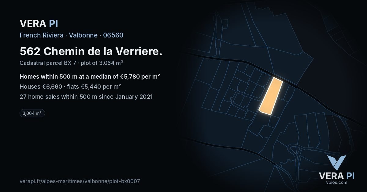 562 Chemin de la Verriere, Valbonne at night – the plot lit, the parcels around coloured by the prices near them