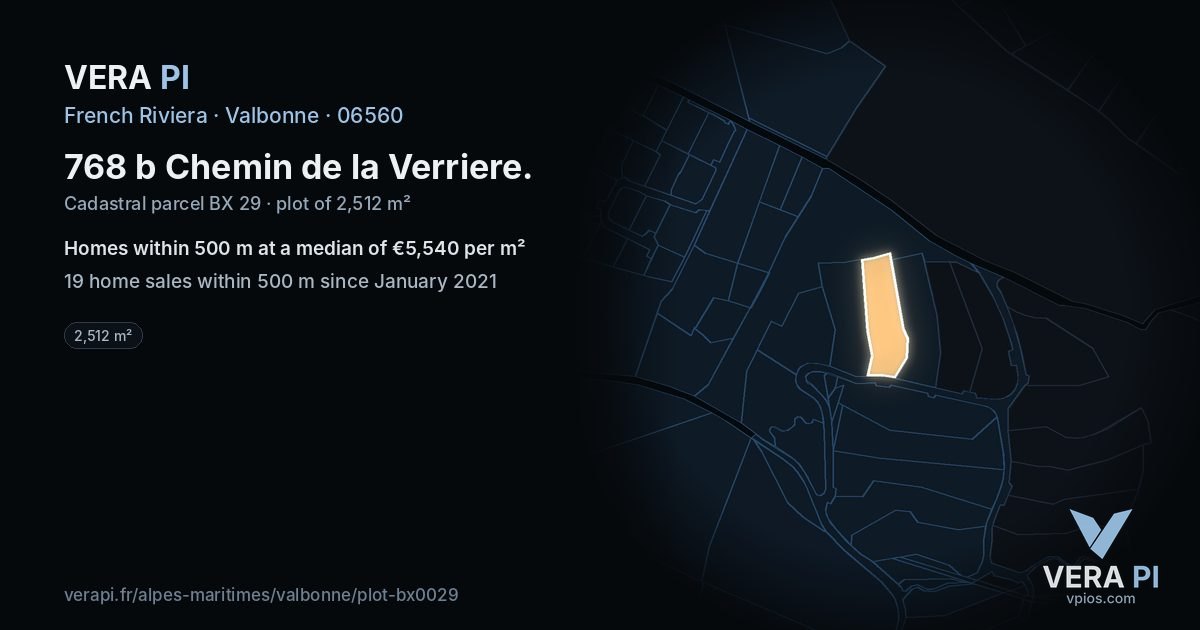 768 b Chemin de la Verriere, Valbonne at night – the plot lit, the parcels around coloured by the prices near them
