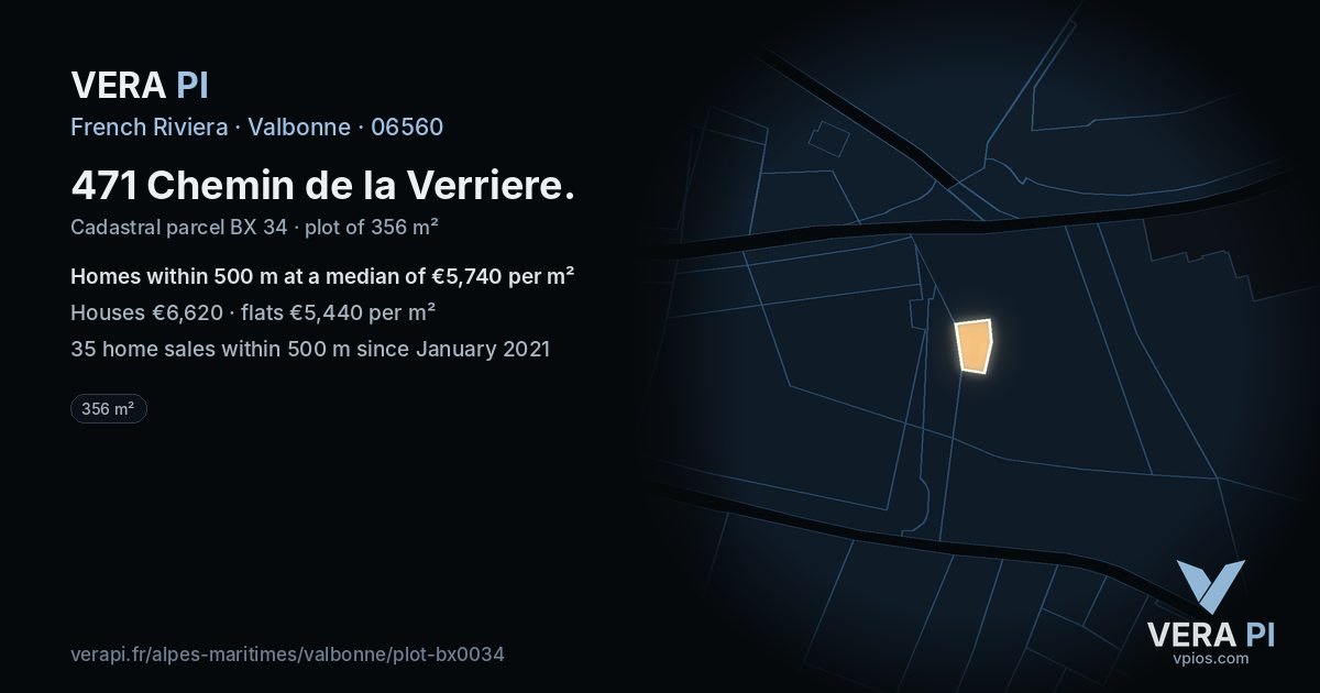 471 Chemin de la Verriere, Valbonne at night – the plot lit, the parcels around coloured by the prices near them