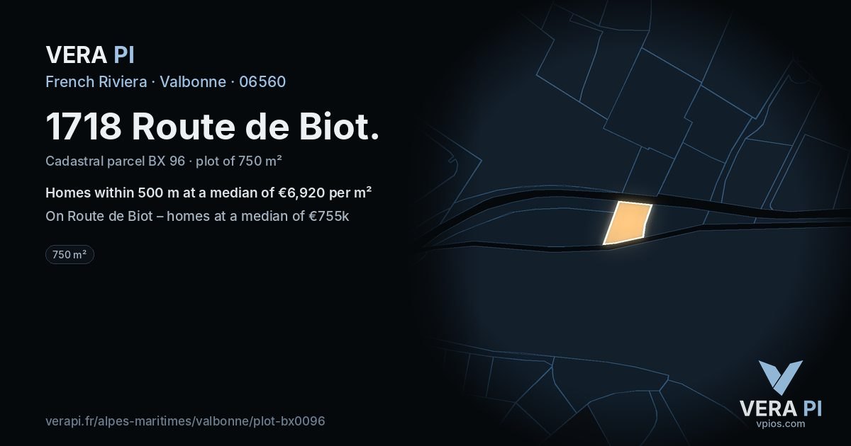 1718 Route de Biot, Valbonne at night – the plot lit, the parcels around coloured by the prices near them