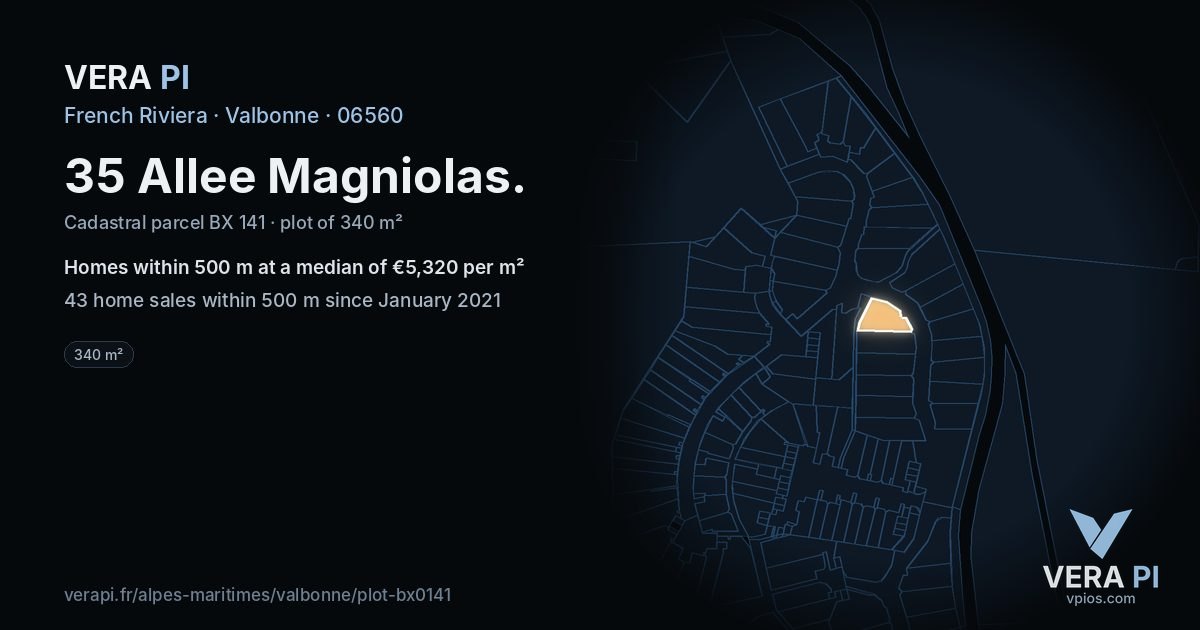 35 Allee Magniolas, Valbonne at night – the plot lit, the parcels around coloured by the prices near them