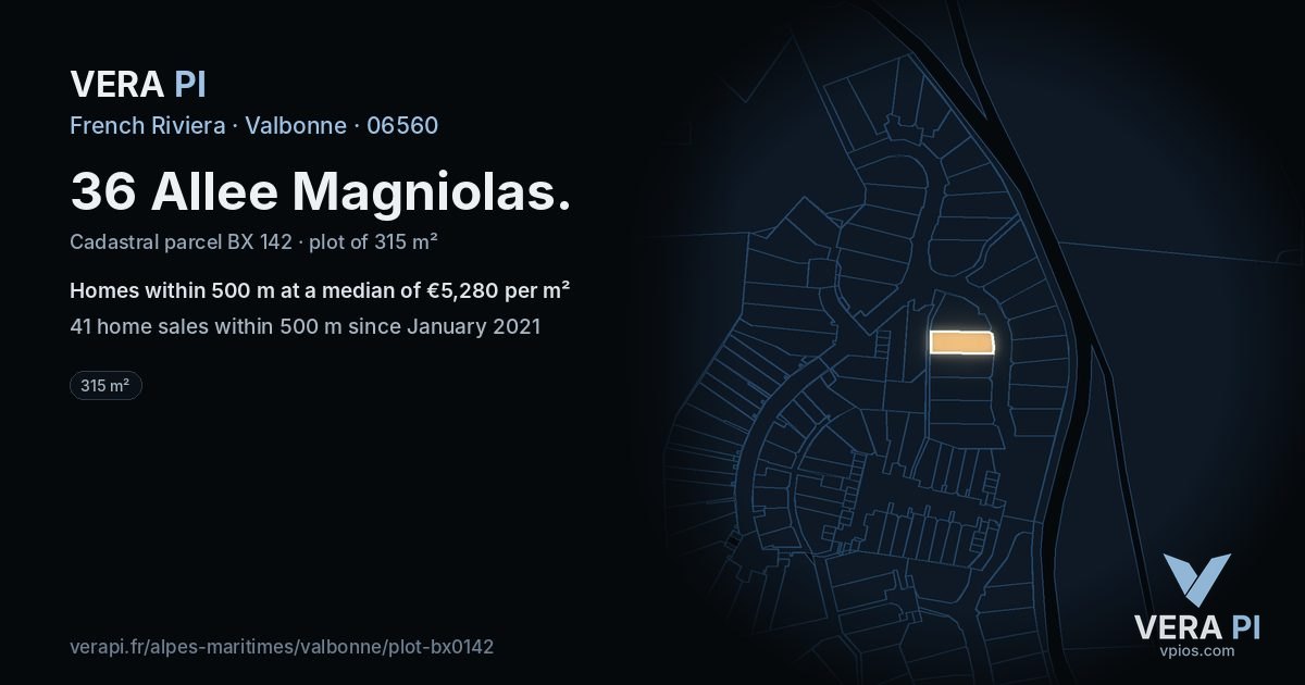 36 Allee Magniolas, Valbonne at night – the plot lit, the parcels around coloured by the prices near them