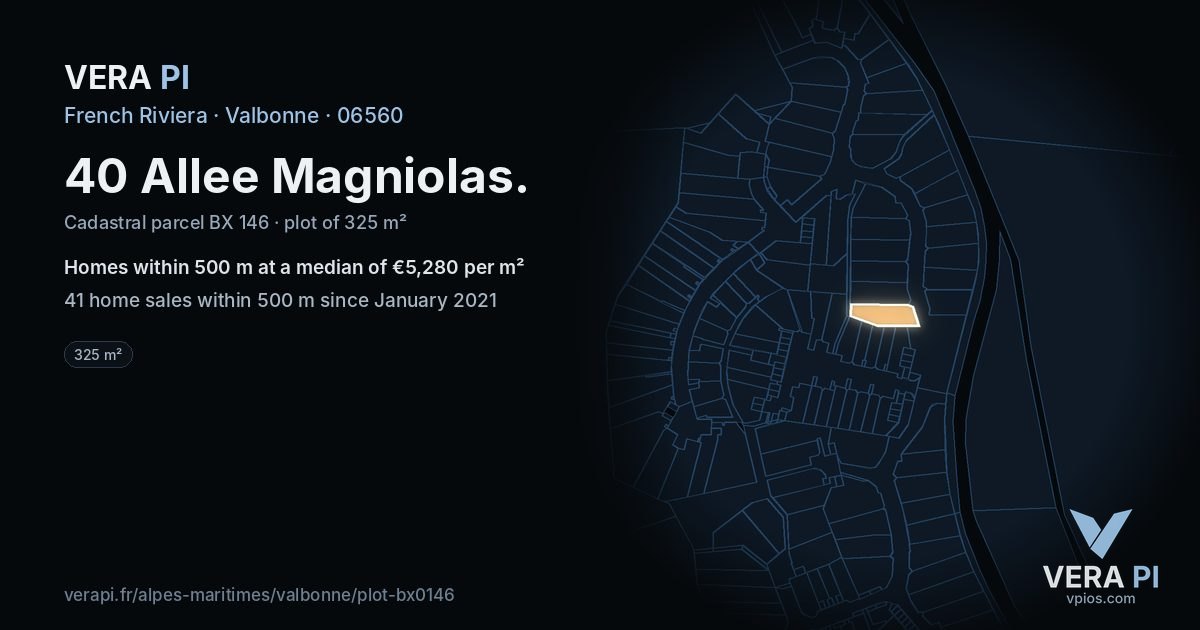 40 Allee Magniolas, Valbonne at night – the plot lit, the parcels around coloured by the prices near them