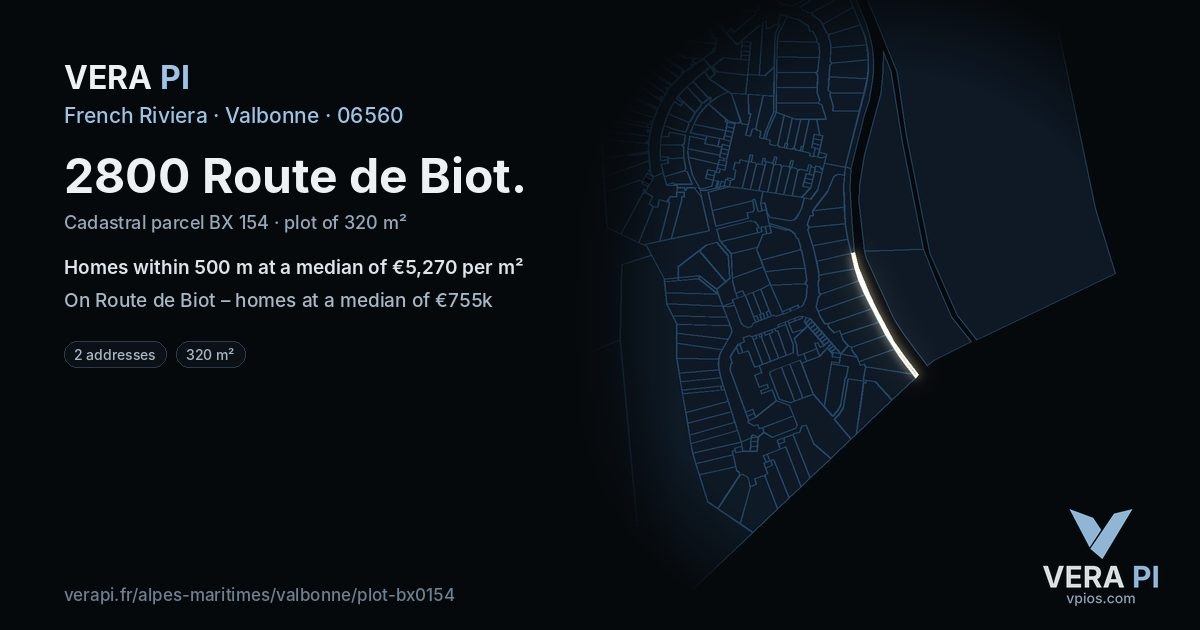 2800 Route de Biot, Valbonne at night – the plot lit, the parcels around coloured by the prices near them