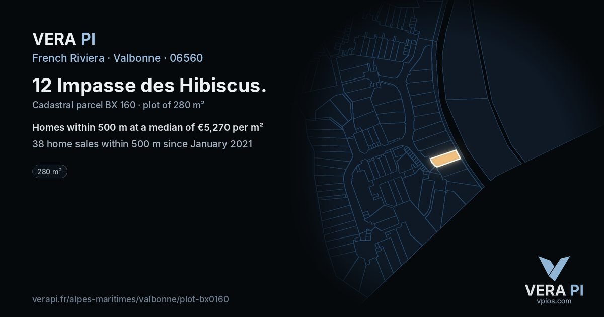 12 Impasse des Hibiscus, Valbonne at night – the plot lit, the parcels around coloured by the prices near them