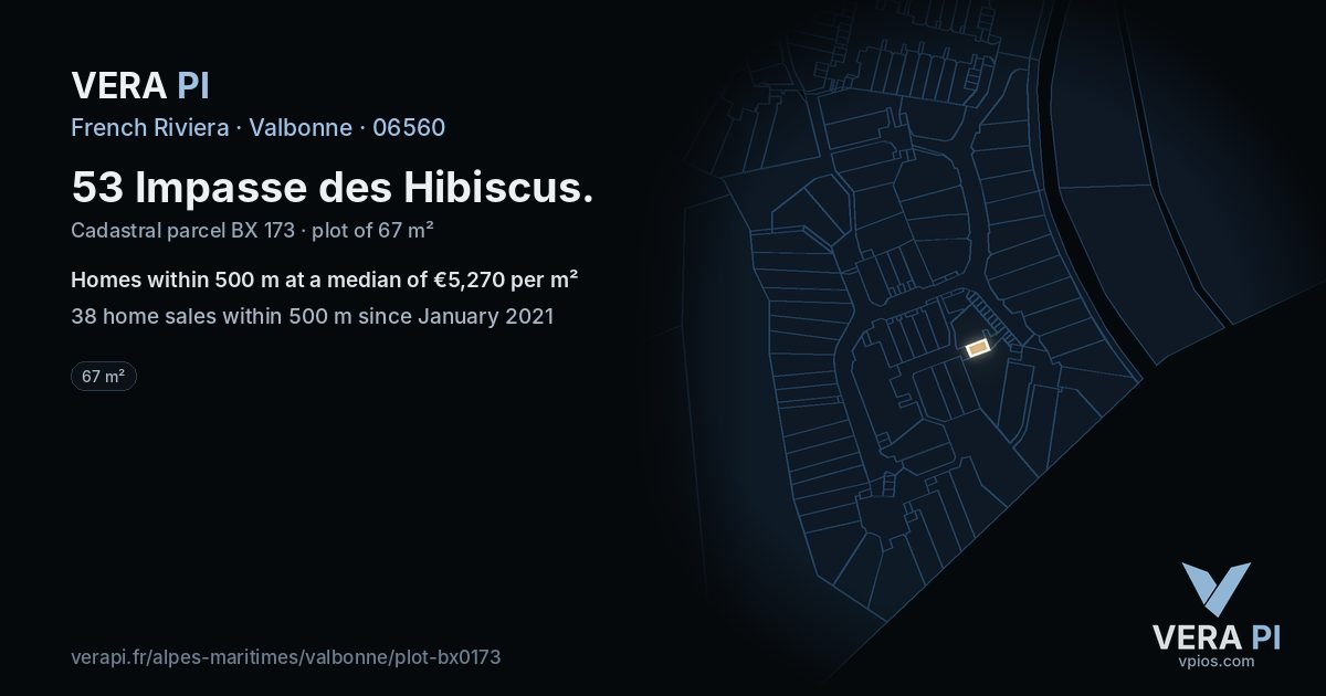 53 Impasse des Hibiscus, Valbonne at night – the plot lit, the parcels around coloured by the prices near them