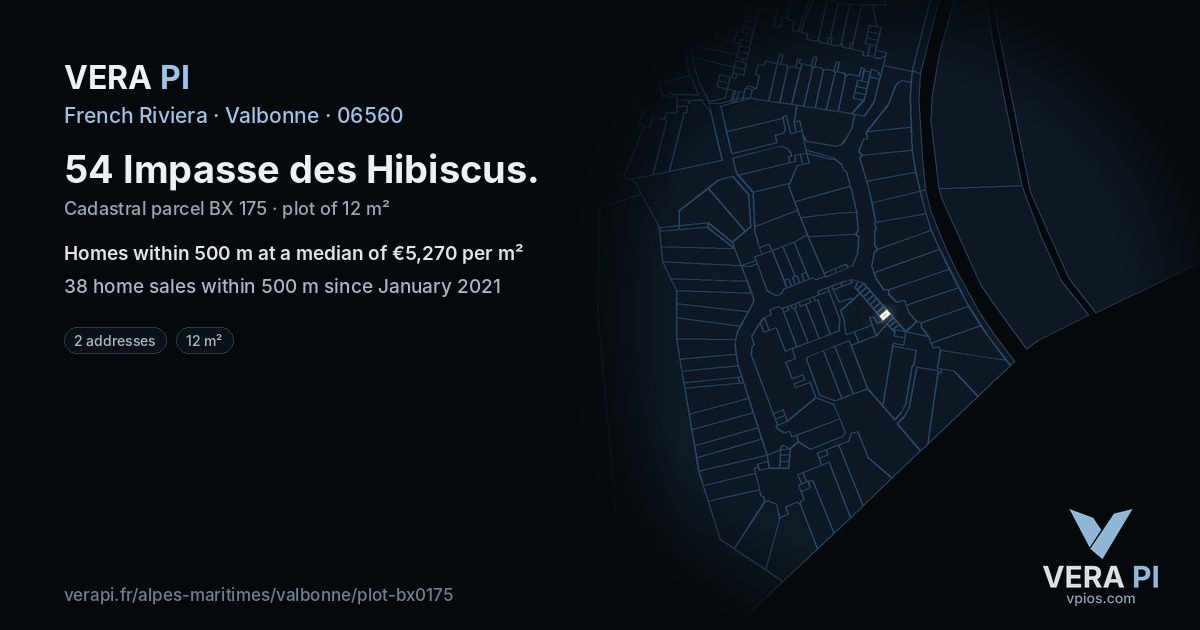 54 Impasse des Hibiscus, Valbonne at night – the plot lit, the parcels around coloured by the prices near them
